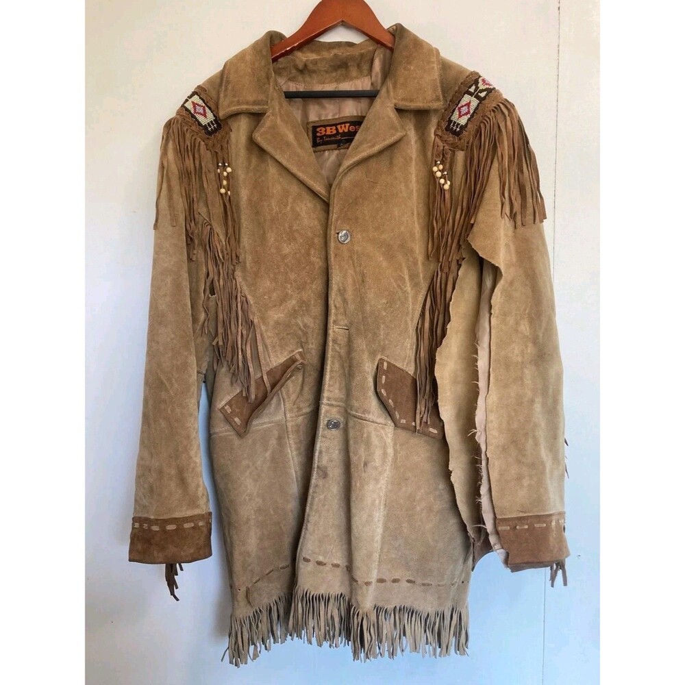 3B West Coat Mens M Brown Suede Leather Fringe Beaded Native American Western